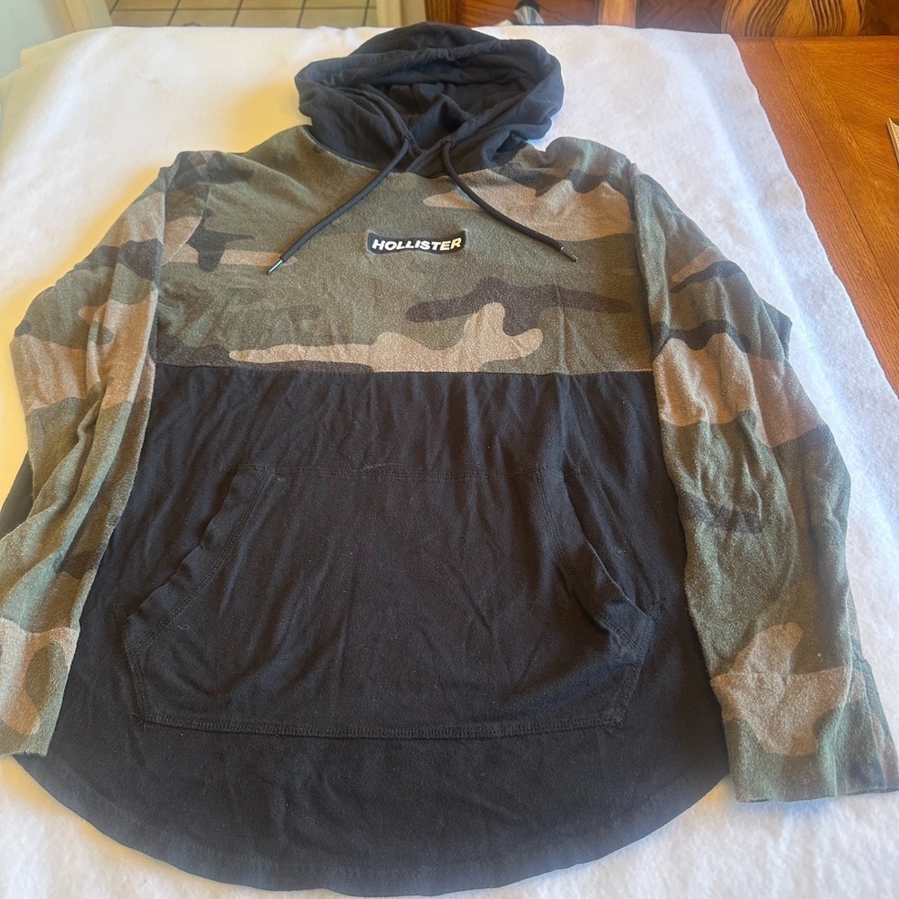 Hollister Camo Hoodie Mens Large L Black Colorblock Pullover Sweatshirt Street